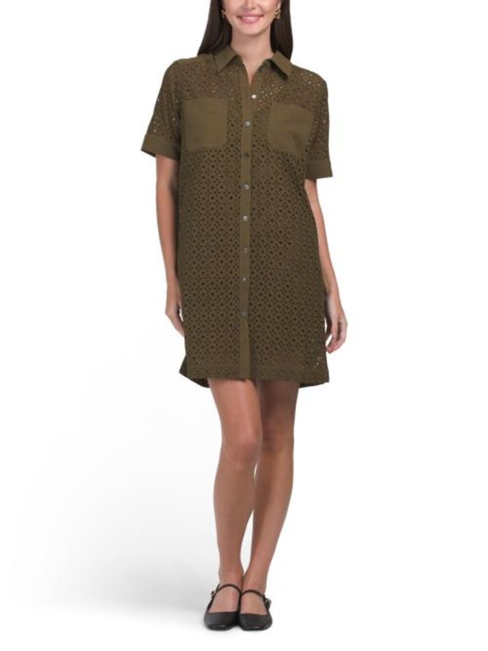 ELIE TAHARI Linen Blend Elbow Sleeve Collar Button Down Eyelet Mini Shift Dress